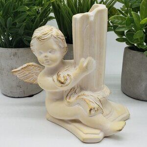 BEIGE White Gold Chalkware Bisque Cherub Candle Stick Holder